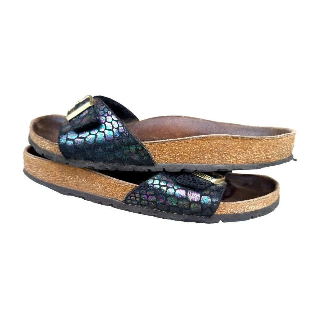 ⁠Birkenstock Madrid Black Metallic Python Snake Sandals Sz 38 Gold Buckle